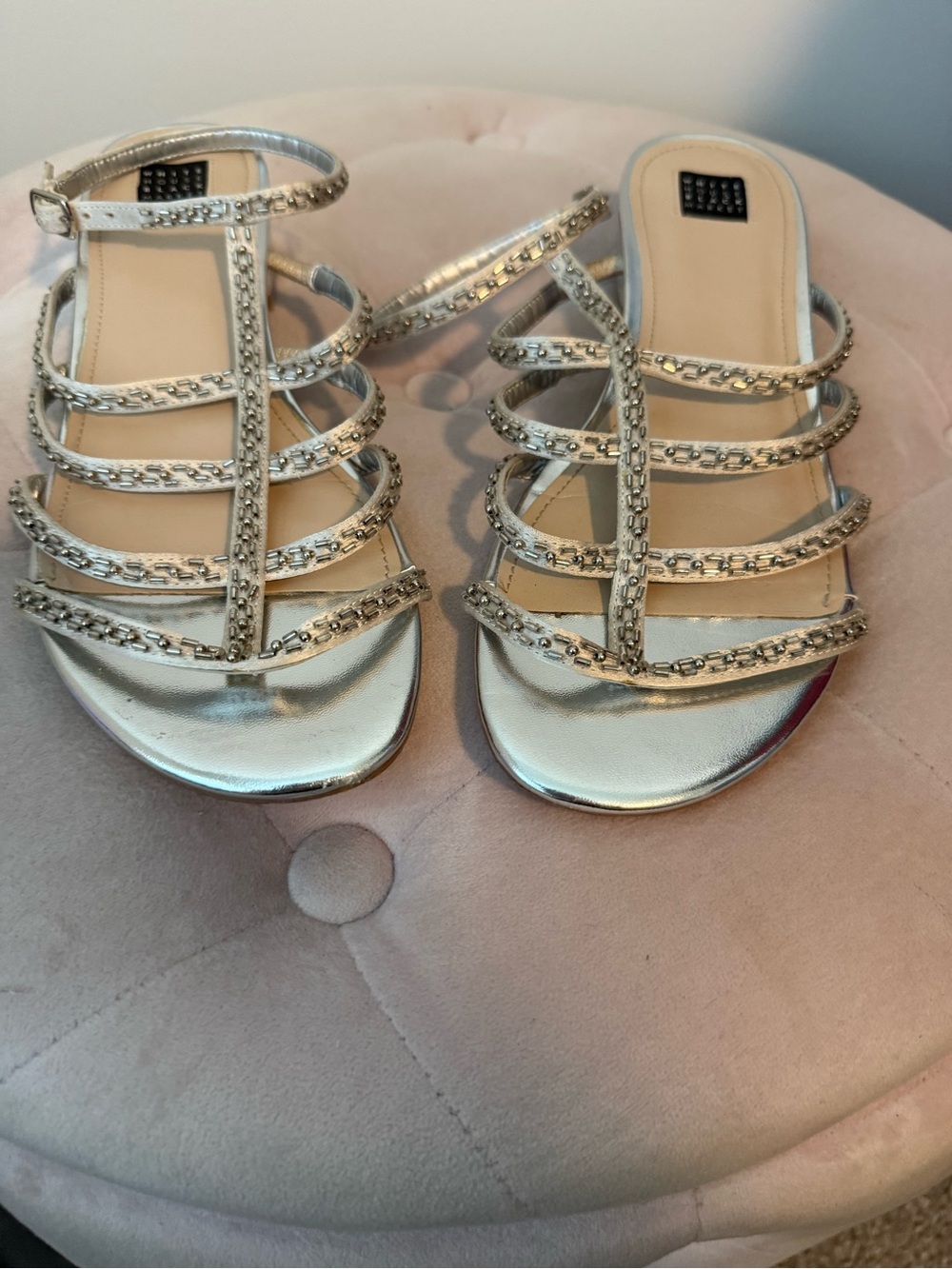 White House Black Market Silver Jeweled Multi-Strap Sandals